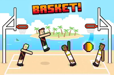 A game of basketball with a basket.